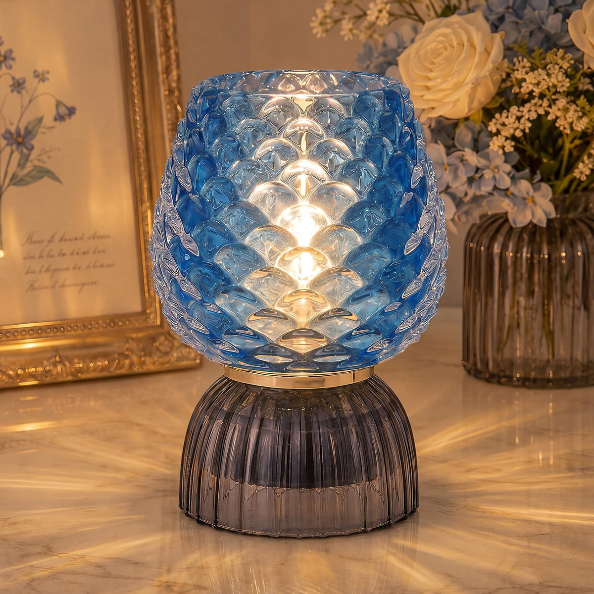 SisiHokai Battery Operated Lamp with Timer, Cute Small Cordless Glass Table Lamp for Home Decor, Kitchen, Bathroom, Birthday Gift for Women, Pinecone, Blue