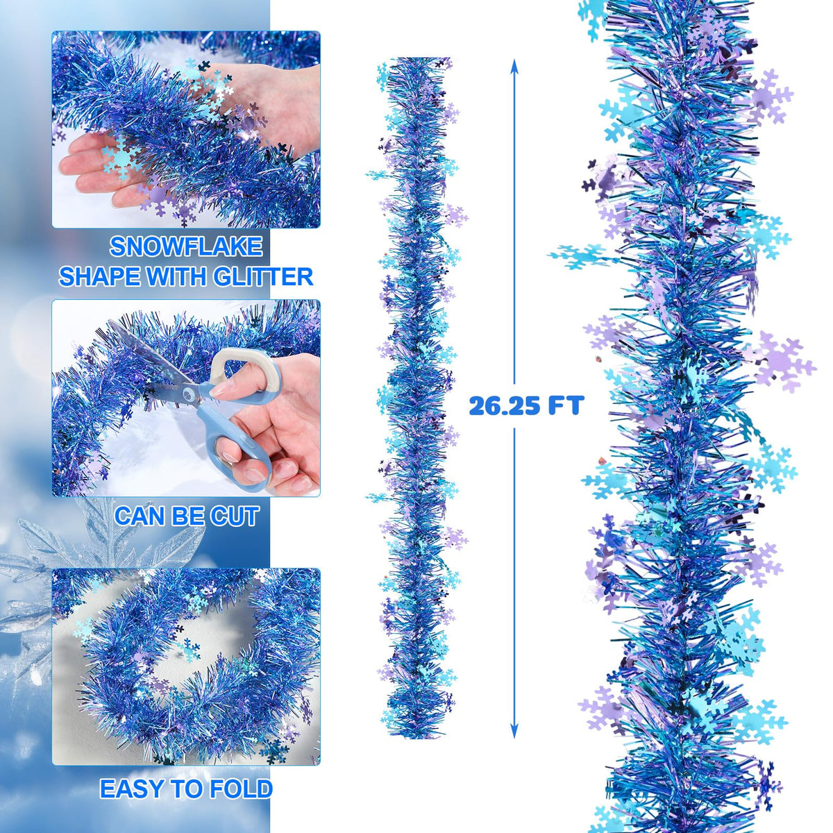 Blosssound 26 Feet Blue Purple Snowflakes Tinsel Garland Glitter Metallic Tinsel Twist Banner Shiny Iridescent Garland for Indoor Outdoor Ceiling Wall Christmas Tree Birthday Party Decorations