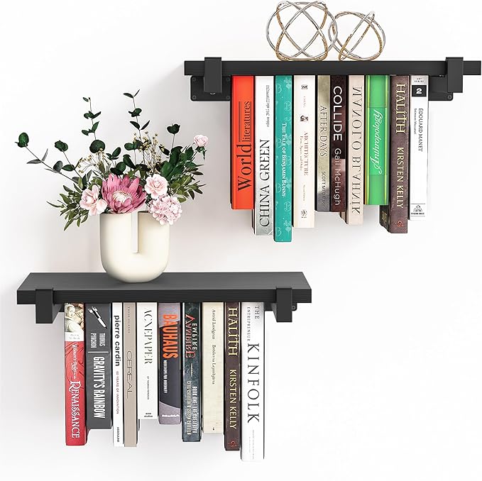 NANATI 2 Set of Floating Bookshelf, Pine Wood Invisible Bookshelf, Hanging