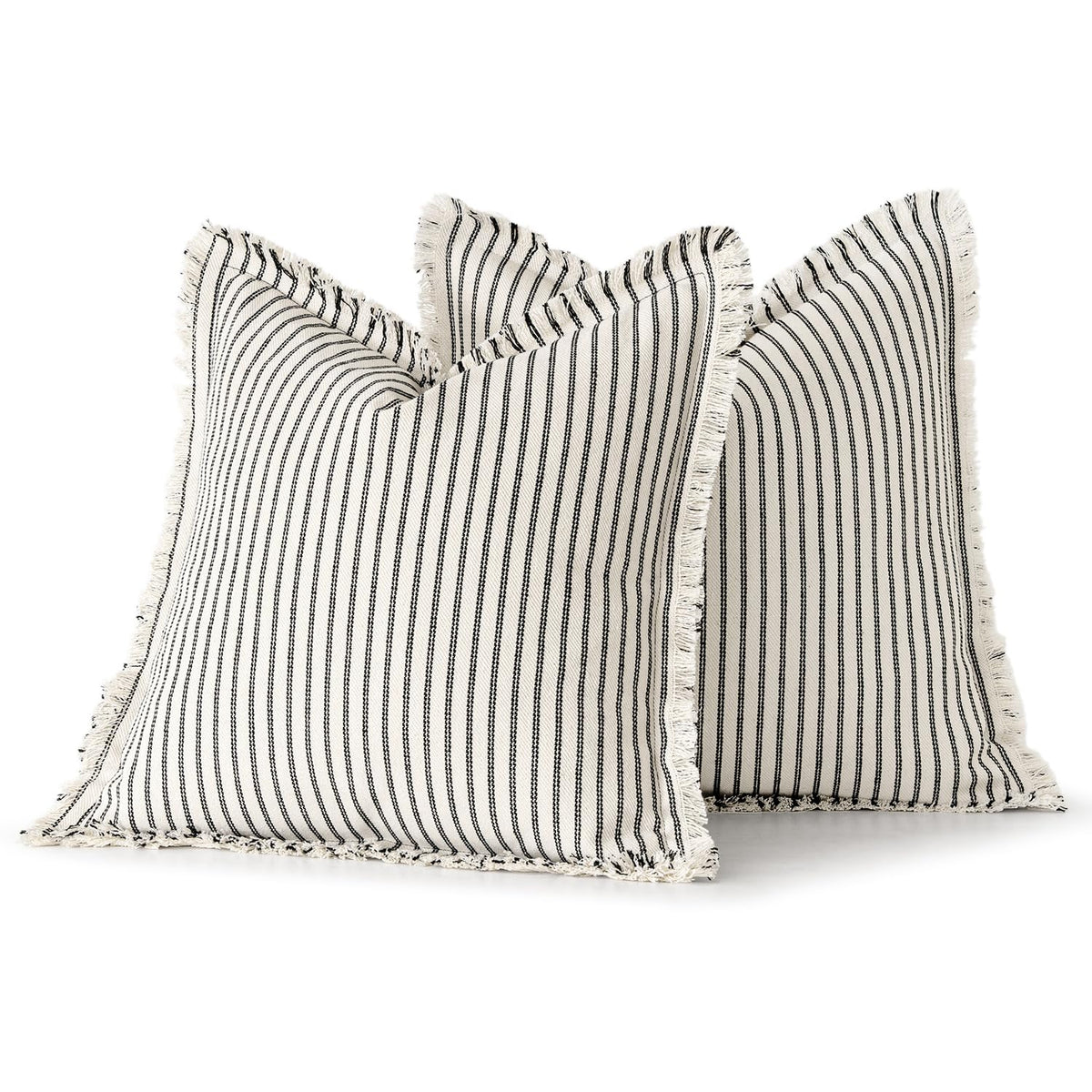 MIULEE Black Pack of 2 Pillow Covers 18x18 Inch Striped Farmhouse Couch Throw Pillow Covers with Fringe Chic Linen Decorative Cushion Covers for Sofa Living Room Bed Outdoor Home Decor