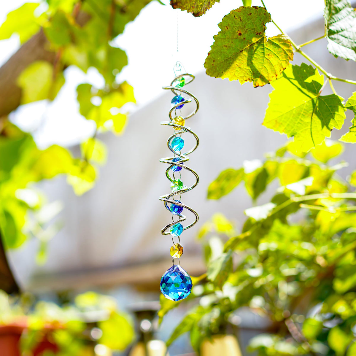 H&D HYALINE & DORA 20.5inch Gazing Ball Spiral Tail,Decorative Wind Spinner Sun Catcher,Rainbow Maker Double-Spiral W/Sea Blue Crystal Ball and Chain,Glass Crystals for Indoor Outdoor Decoration