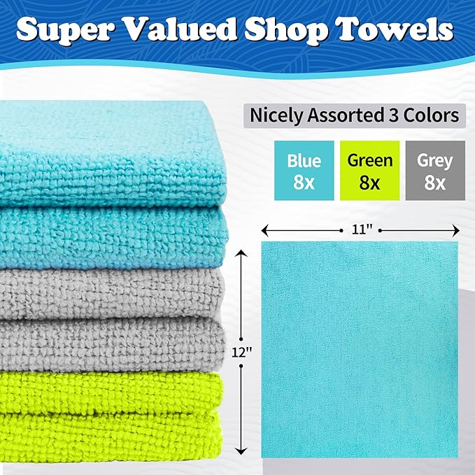 FIXSMITH Microfiber Cleaning Cloth, Shop Towels Bulk, 24 Pack Microfiber Towels