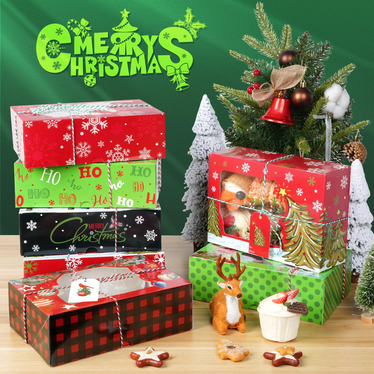 24 Pcs Christmas Cookie Boxes 8.7"x 6"x 2.7" Christmas Bakery Treat Box With Window Tag and Ribbons Goodie Candy Cookie Containers Kraft Paper Cookie Tins for Winter Holiday Xmas Party Gift Giving