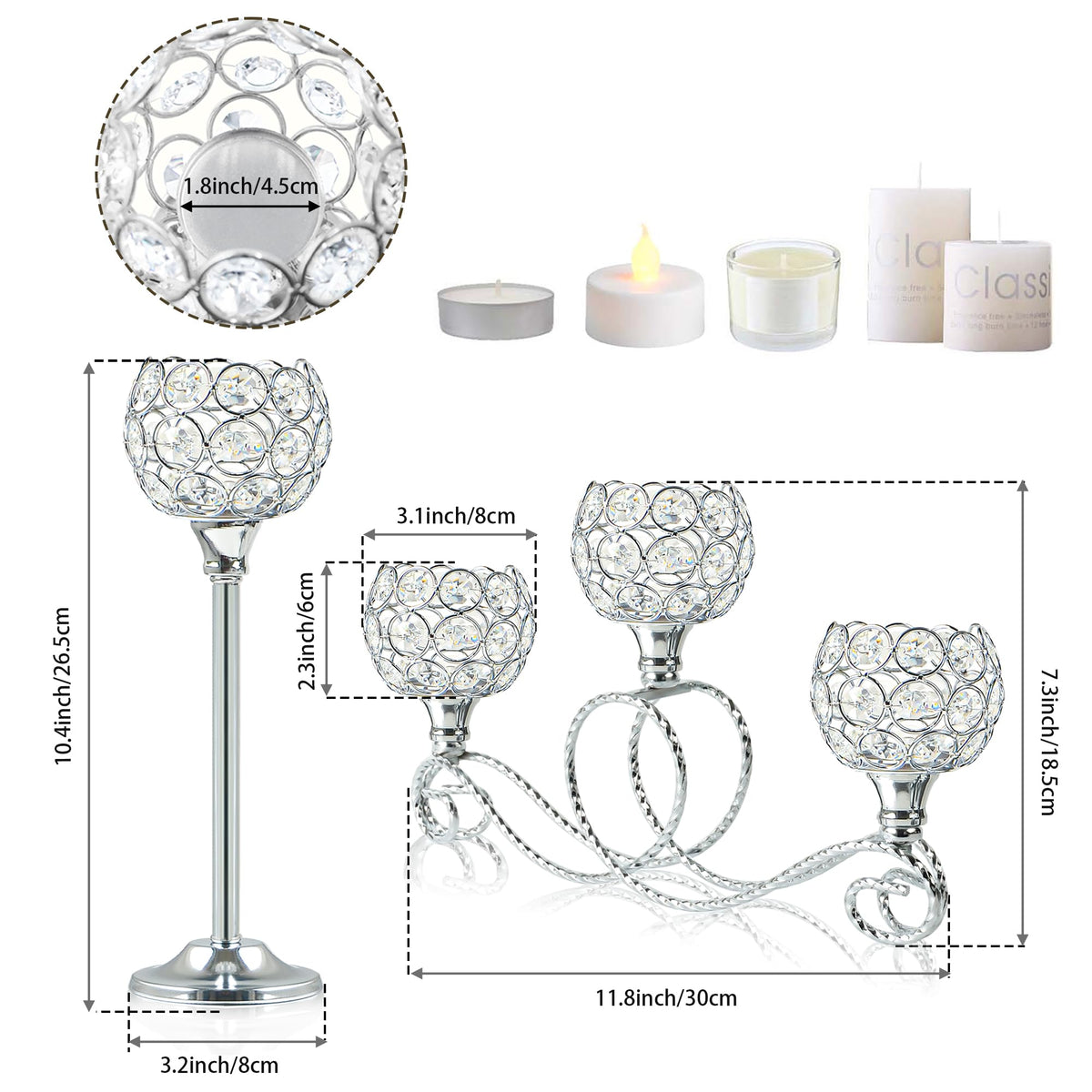 Silver Set of 6 Metal Crystal Tea Light Candle Holder, Elegant Wedding Table Centerpiece Candle Holder, Christmas Wishing Crystal Bowl Candle Holder Suitable for Wedding Party Living Room Decoration