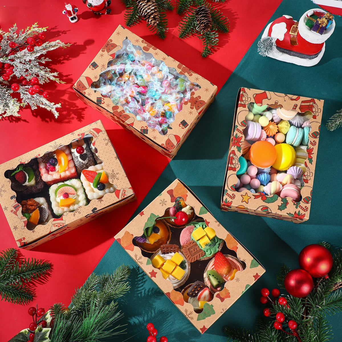 Gersoniel 24 Pieces Christmas Cookie Boxes with Window 8.5 x 6 x 2.5 Inch Kraft Christmas Treat Boxes for Gift Giving Holiday Cookie Containers Tins Cupcake Box for Gift Donut Xmas Party Supplies