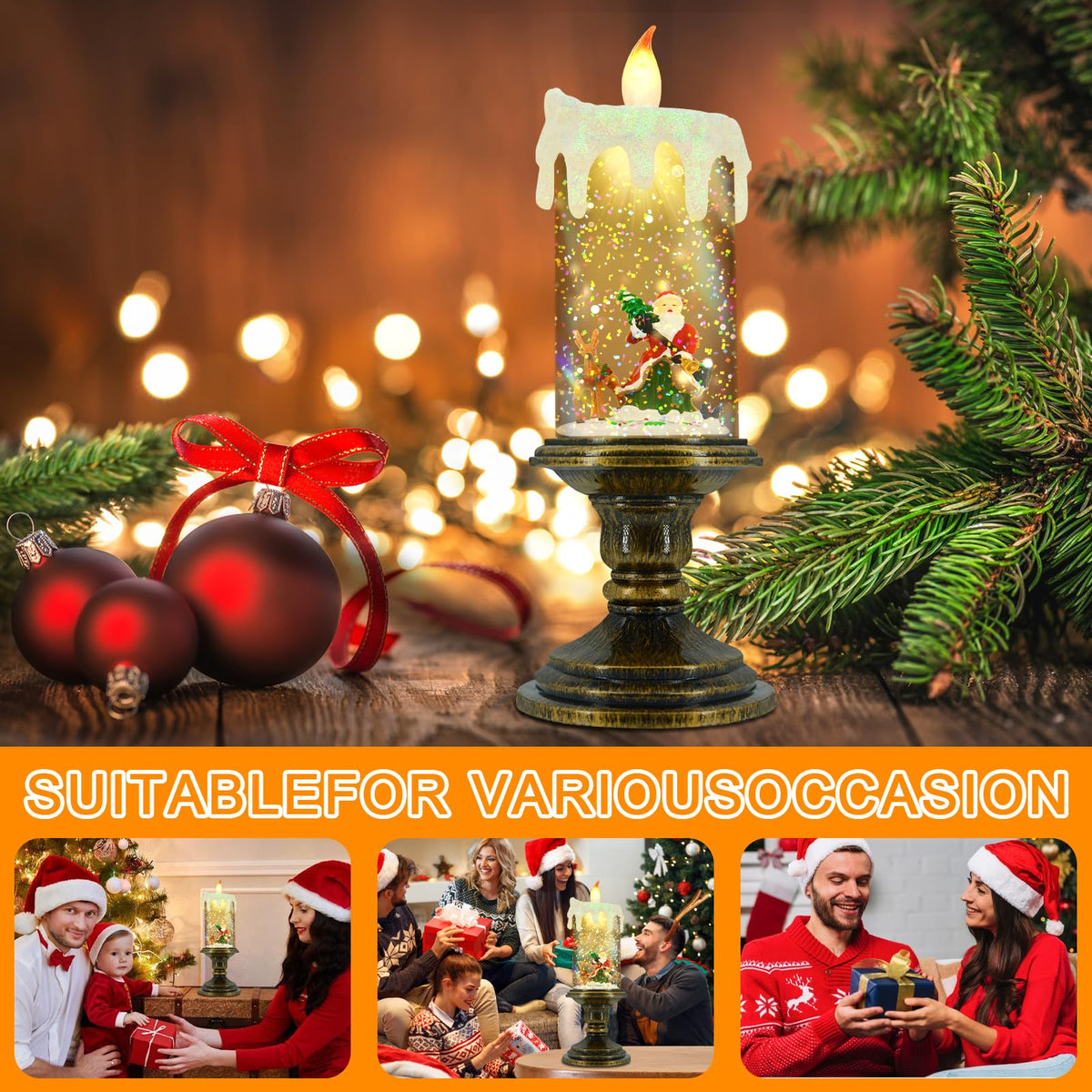 AOMIL Christmas Flameless Candles, Flickering Flameless Candles with Timer, Christmas LED Candles Battery Operated, Snow Globe Candle Light for Christmas Decorations