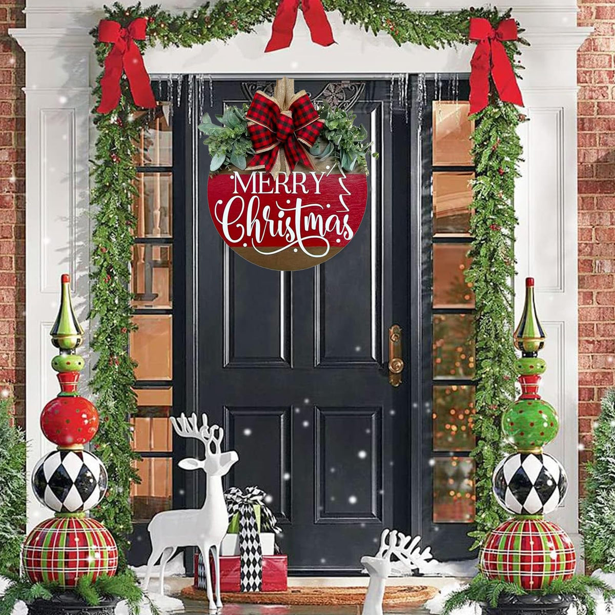 Merry Christmas Wreath Hanging Sign for Front Door, Wooden Welcome Wreaths Sign with Bow for Holiday Rustic Farmhouse Outdoor Wall Window Decor (Merry Christmas)