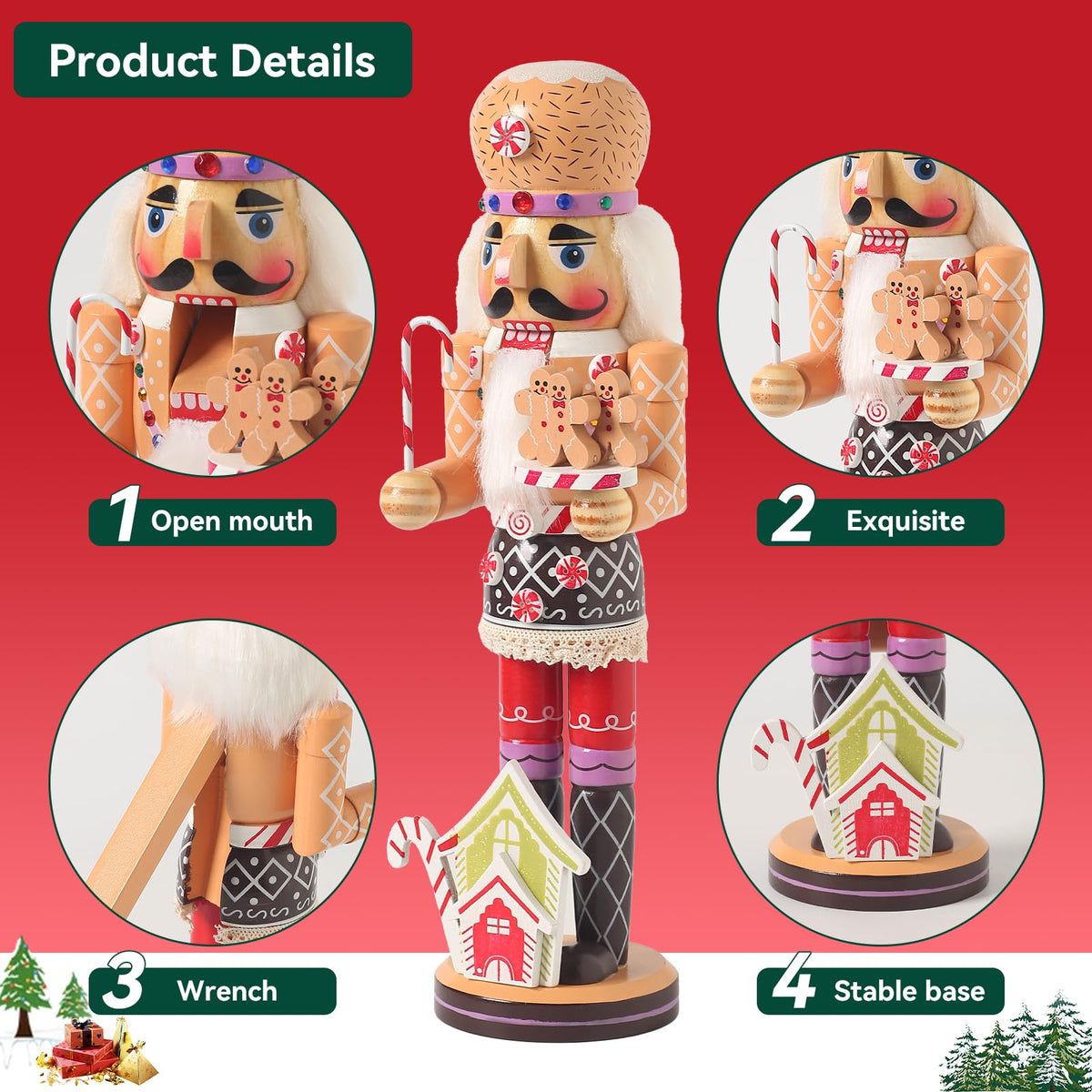 KoolShare 15-Inch Gingerbread Christmas Nutcracker, Wooden Baker Figurine with Cupcake Hat, Tray of Gingerbread Men & Candy House Base, Handcrafted Candy Land Decor for Holiday Mantel or Tabletop