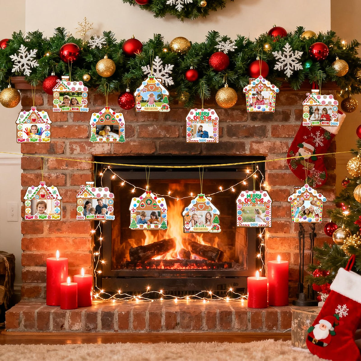 30 Packs Christmas Picture Frame Craft Kits for Kids DIY Xmas Gingerbread House Candy Photo Craft Hanging Frame gingerbread cookie Ornaments for Holiday Art Decorations Home Class Game Activities