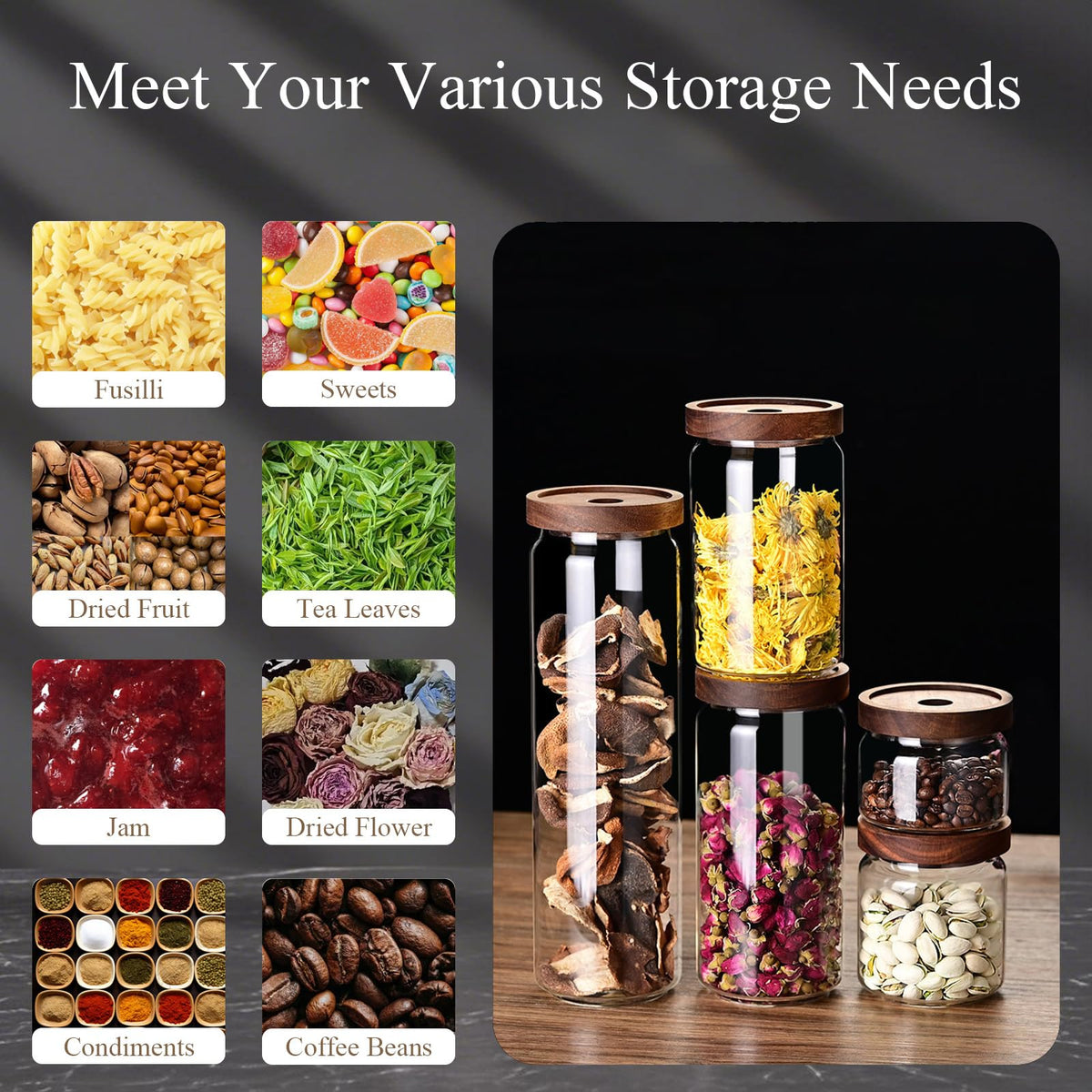 Glass Jars with Airtight Wood Lids - 17 oz Small Kitchen Pantry Storage Containers, Stackable Decorative Canisters for Chia Seed, Tea, Ground Coffee, Sugar, Spice, Salt, Matcha, Nuts, Q-Tip, Set of 2