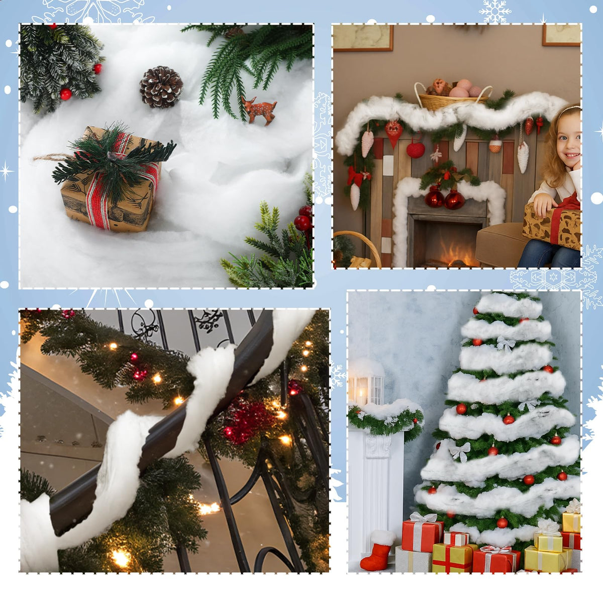 Tigeen 4 Pcs 100 ft Christmas Fake Snow Garland White Christmas Tree Decoration Cotton Artificial Snow Fluff Garland Winter Decor for Xmas Decoration Winter Village Party Indoor Home Decor