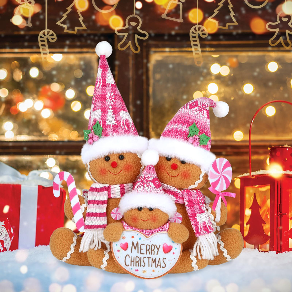 HMASYO Pink Gingerbread Family Christmas Gnome Decoration, 14 Inch Plush Gingerbread Candy Christmas Stuff Figurines for Home Fireplace Window Tabletop Tiered Tray Holiday Xmas Decor (Pink)
