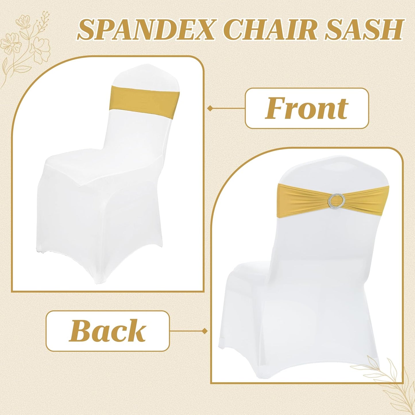 MDS Spandex Chair Sashes - Premium Stretch Covers with Buckle Slider for Weddings & Events | Gold, Pack of 50