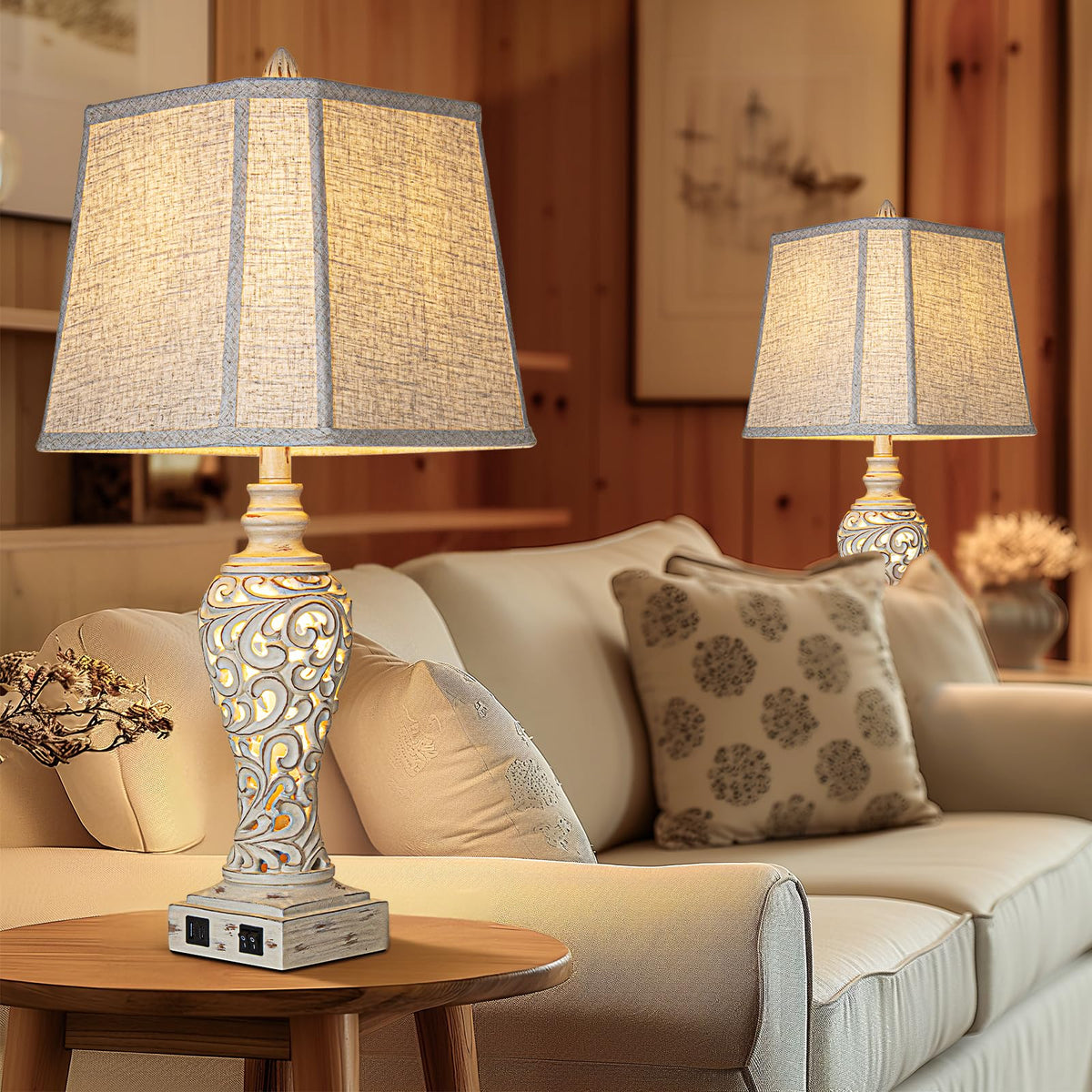 LuxSight Collection 28.5" Table Lamps Set of 2 - Bedside Lamp with Fabric Shades - for Bedroom and Living Room with USB and Nightlight - Perfect for Nightstands and Bedrooms