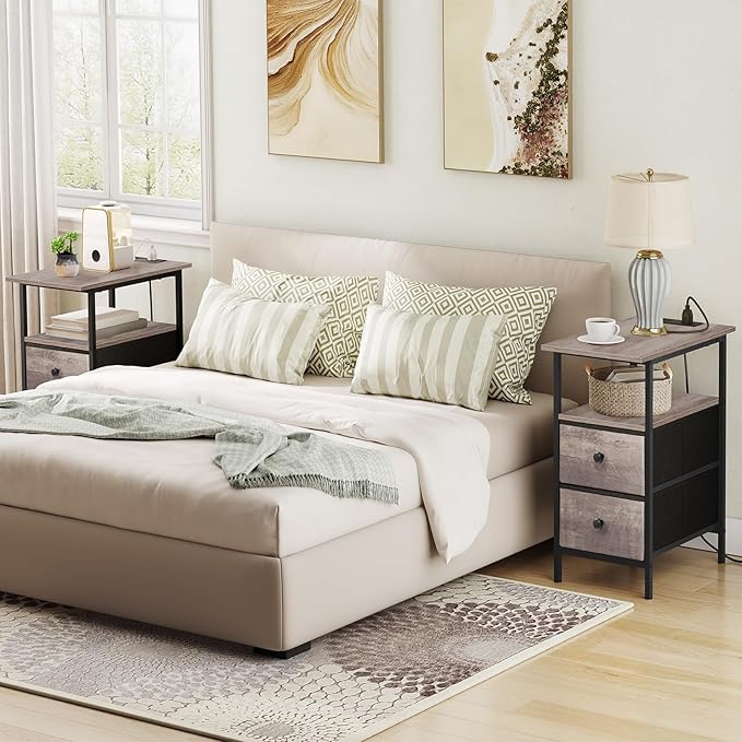 HOOBRO End Table with Charging Station, Narrow Side Table, Nightstand with 2