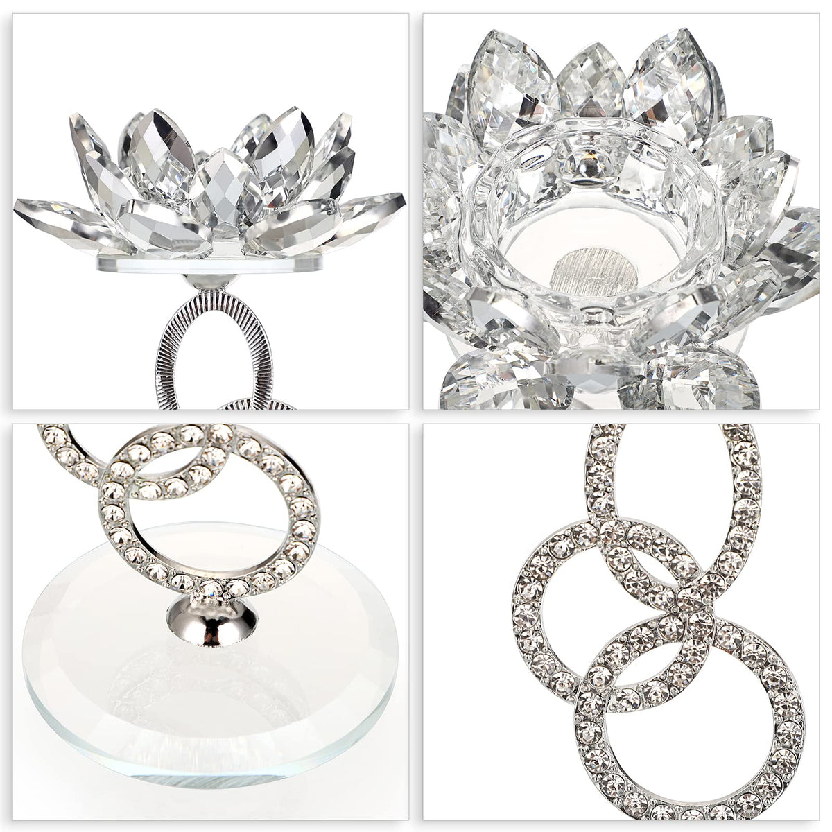 OwnMy Set of 2 Crystal Lotus Flower Candle Holders Metal Glass Lotus Pillar Candlestick Holders, Silver Crystal Lotus Tealight Candlesticks Votive Candle Stands for Wedding Table Centerpiece, 7.5" H