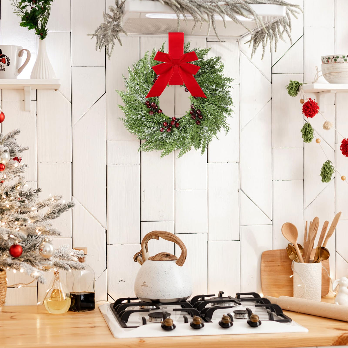 4 Pcs Small Christmas Norfolk Wreaths 15 Inch Christmas Kitchen Cabinet Mini Wreath with Bow Ribbon Cedar Berry for Xmas Front Door Window Chair Fireplace Table Pillar Farmhouse
