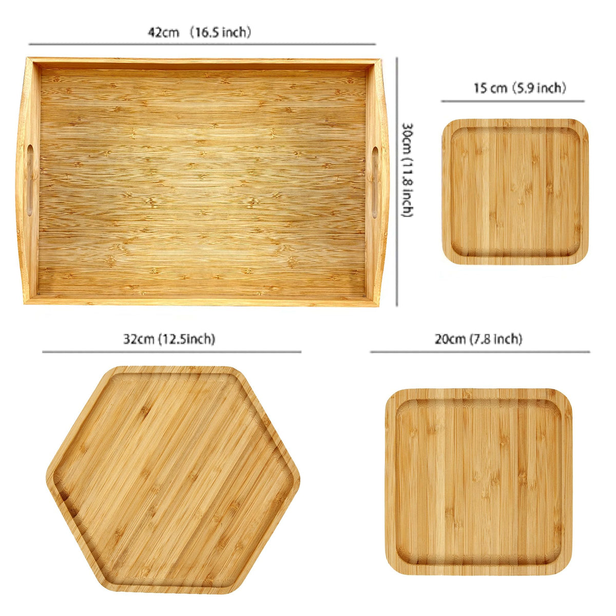 PAFREWOG Bamboo Serving Trays Charcuterie Platter 16.5"x11.8"（42x30cm with Handle, Set Includes 1xHexagon 12.5"(32cm)+1xSquare 7.8"(20cm)+1xSquare 5.9"(15cm) Small Plates for Family Dinner