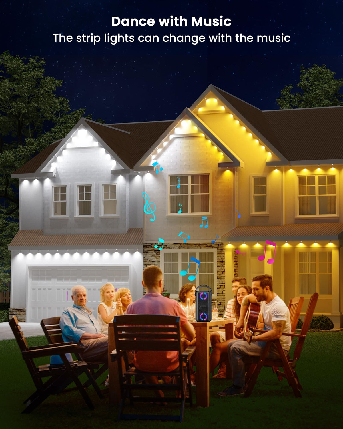 Gefolly Permanent Outdoor Lights Pro, 100ft with 60 RGBW Double-LED Lights 111 Scene Modes for Daily, Halloween, Christmas, IP67 Waterproof for Outdoor Decor, Works with Alexa, Google Assistant, White