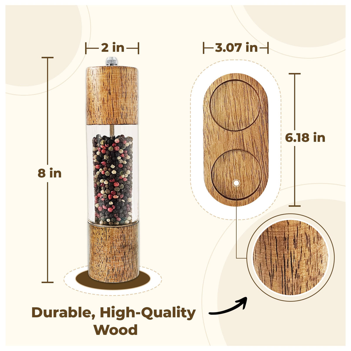 FLAVIVO Wooden Salt and Pepper Grinder Set, Manual Premium Acrylic Salt and pepper Mills with Adjustable Ceramic Core and Wooden Stand, 8-Inch Refillable Giftable Shakers (2 Pieces with Tray)