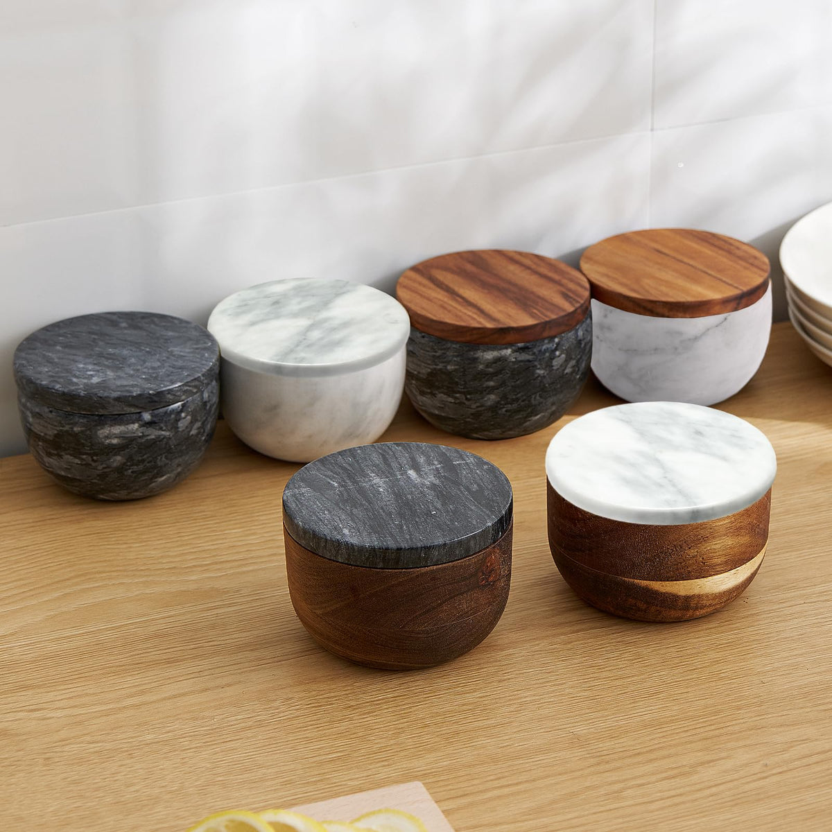 jalz jalz Large Acacia Wood Salt Cellar with Marble Lid - 10oz Heavy Salt Box Pepper Pinch Pot with Spoon - Natural Solid Wood Spice Container Decorative White Grey Marble Cover for Kitchen Counter