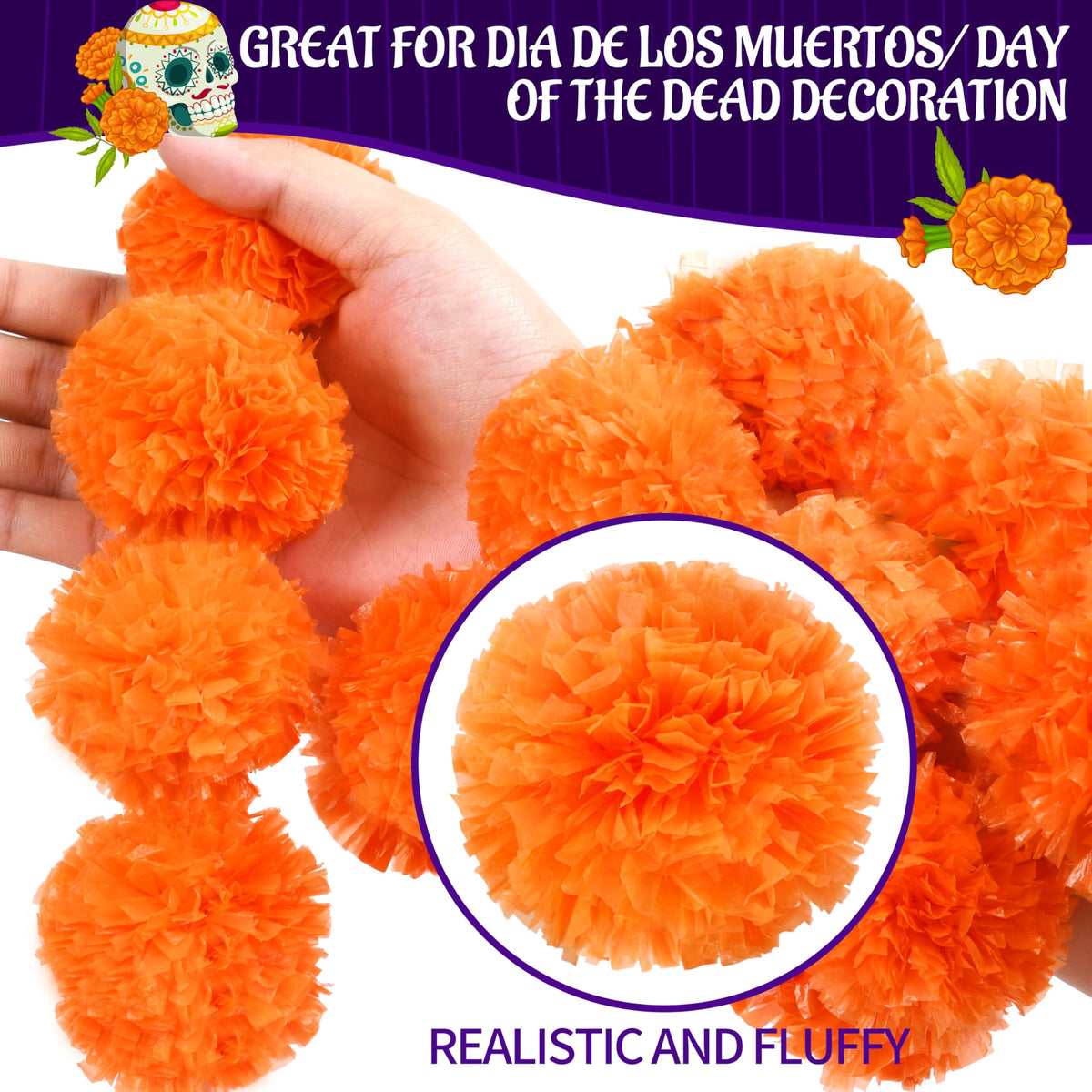 OCTERIC 6 Pcs 5 Ft Artificial Marigold Flowers Garland, Dia de Los Muertos Faux Garlands Diwali Decoration with Pendant Bell for Indian American Wedding Party Mantle Decor (Dark Orange)