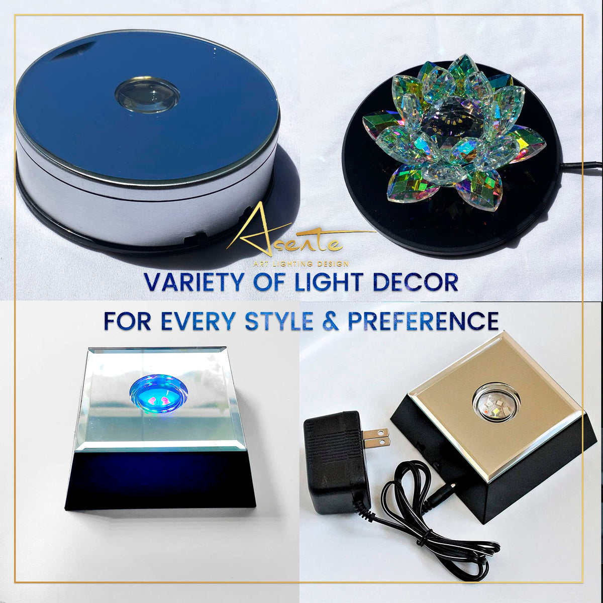 ASENTE 20 LED Lighted Base for Glass Art - Rectangular Satin Matte Black White Light Stand Base for 3D Art Glass, Room Decor and Gemstones and Crystals - AC/USB Adapter Powered (Black)
