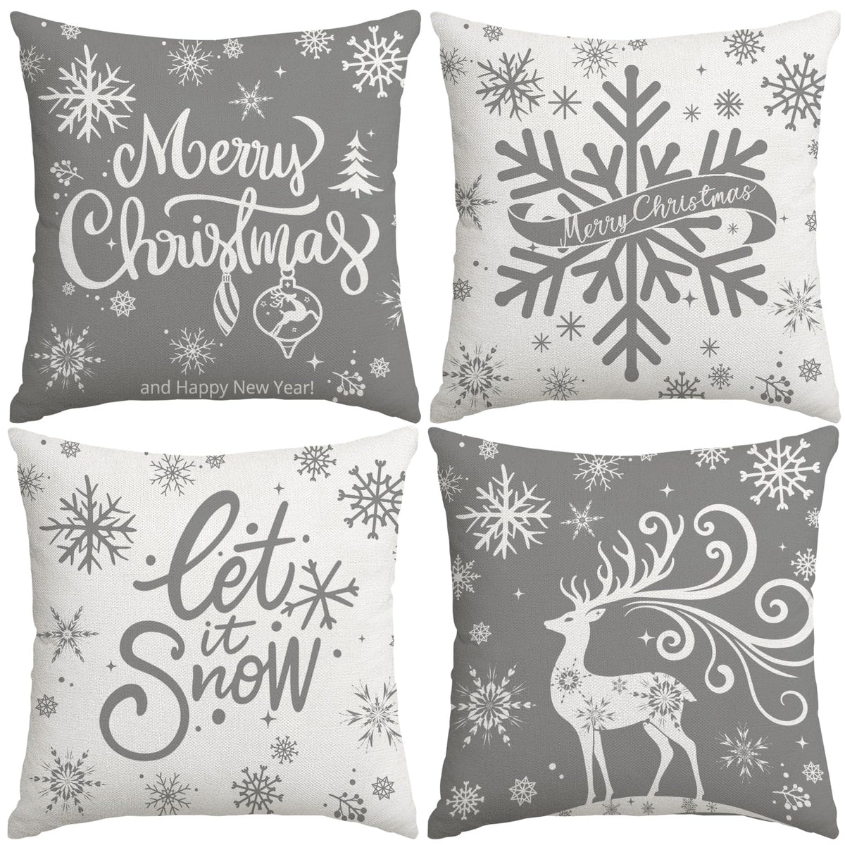 Artmag Merry Christmas Throw Pillow Covers 16x16 inch Snowflakes Let it Snow Moose Winter Holiday Grey Cushion Case for Coach Sofa Decorations Set of 4