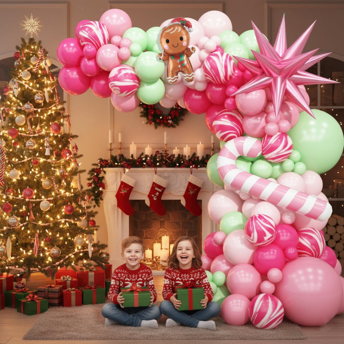 Christmas Balloon Arch Pink Green Balloons Garland Candy Cane Crutch Foil Balloons Explosion Star Xmas Pastel Agate Hot Pink Latex Helium Balloon Gingerbread Man New Year Birthday Party Decorations