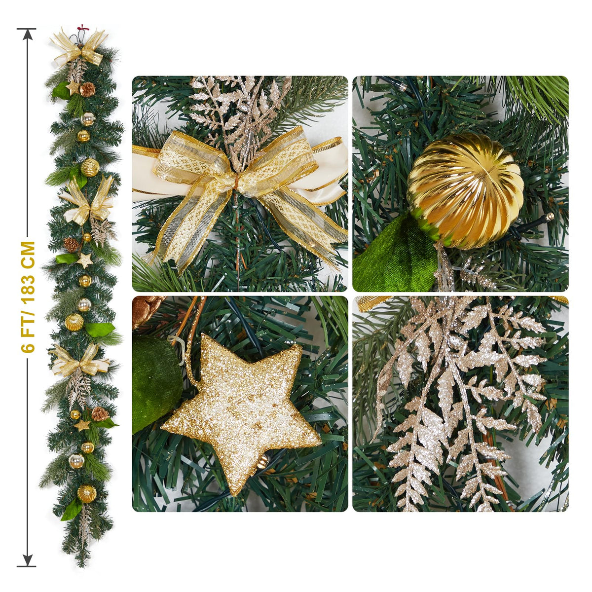 LinTimes 6 FT Pre-Lit Christmas Garland, Gold Lighted Xmas Garland with 20 LED Lights with Timer for Mantle Staircase Table, Winter Garland with Ribbon, Xmas Ball, Pine Cones, Star, Battery Operated