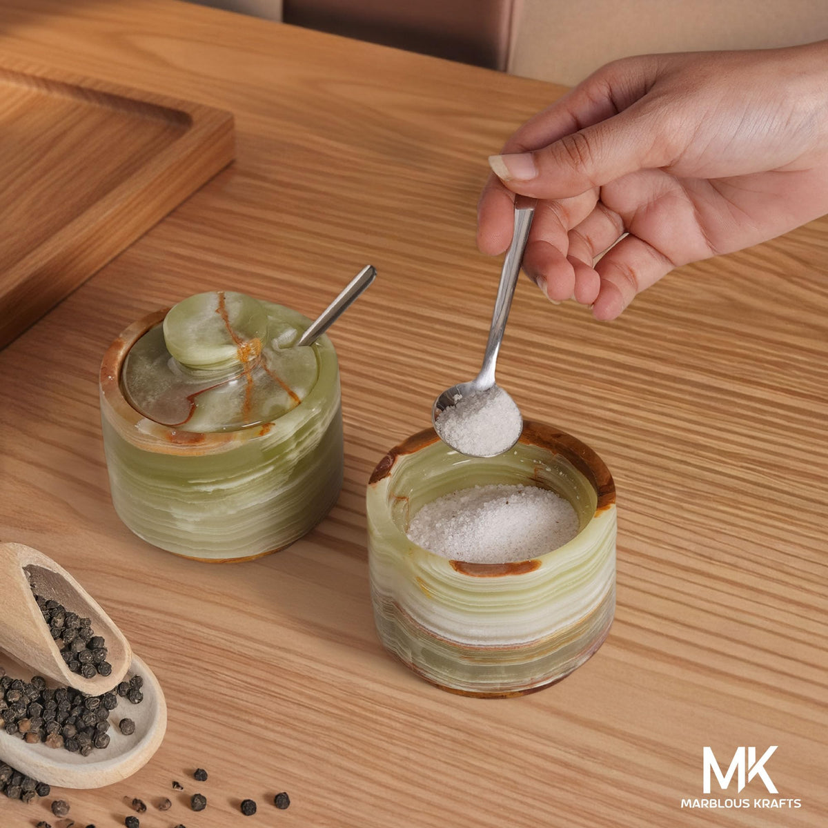 MARBLOUS KRAFTS Marble Salt Cellar with Lid and Spoon 3" Inch Green Stone Salt Dish for Kitchen Countertop Storage, Small Set of 2 Seasoning Containers, Spice Jars, Sugar Bowl