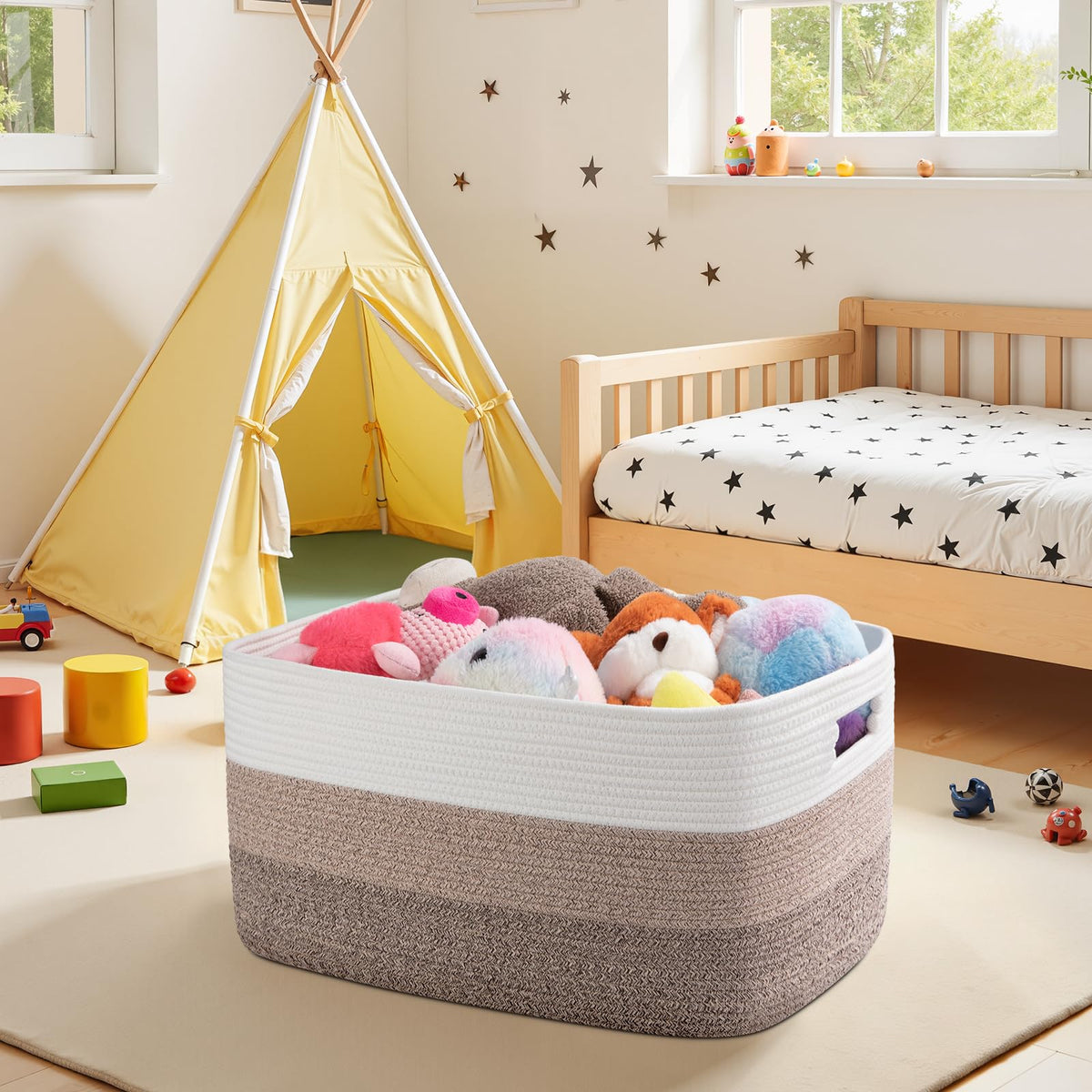 OIAHOMY Large Blanket Basket, 22”x17”x12” Rectangle Woven Baskets, Nursery Blanket Storage Living Room, Toy Storage With Handle, Large Baskets for Organizing-Gradient Yellow