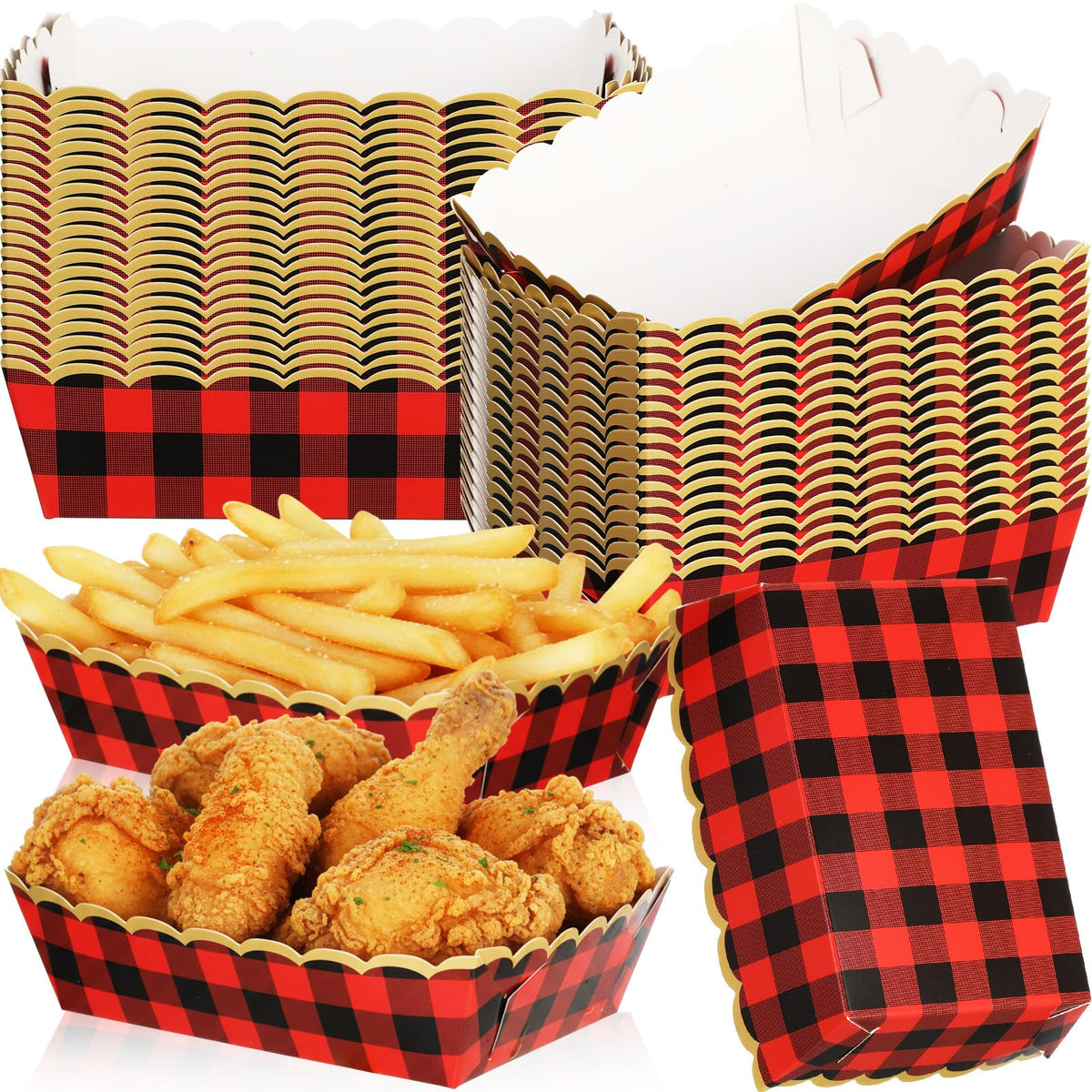 Dunzoom 50 Pack Christmas Buffalo Plaid Paper Plates Food Trays Red and Black Checkered Polka Dot Plates Disposable Food Boats for Snacks Nachos Hot Dog Carnival Bridal Baby Shower Party Decor