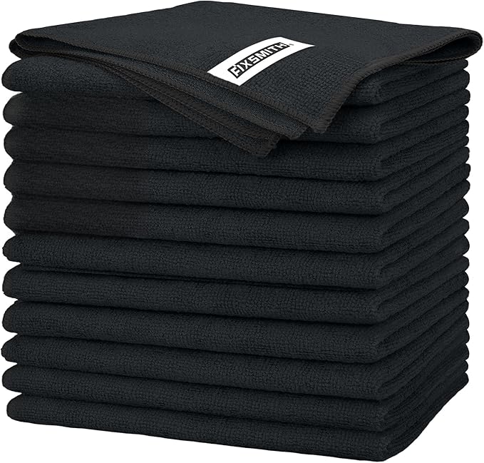 FIXSMITH Black Microfiber Cleaning Cloth -Pack of 12, Highly Absorbent Cleaning
