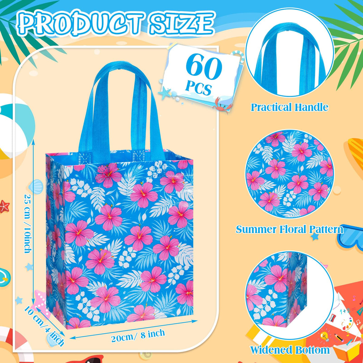 Threlaco 60 Pcs Summer Hawaiian Hibiscus Gift Bags Non Woven Reusable Tropical Blue Pink Flower Goodie Candy Tote Bag with Handles for Cartoon Animation Aloha Luau Party Supplies 10 x 8 x 4 Inch