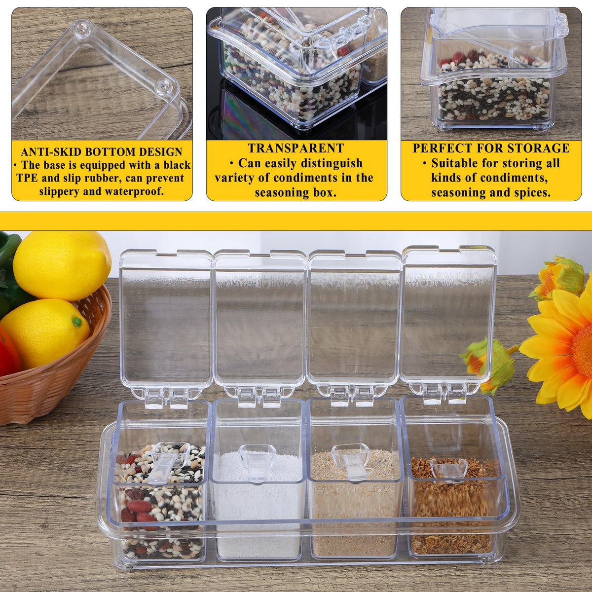 Tobeelec 4 Pcs Clear Seasoning Box with Spoons, 16 Pcs Kitchen Clear Seasoning Rack Spice Pots Spice Storage Containers Condiment, Transparent Spice Jars with Cover for Salt Candy Cruet Sugar