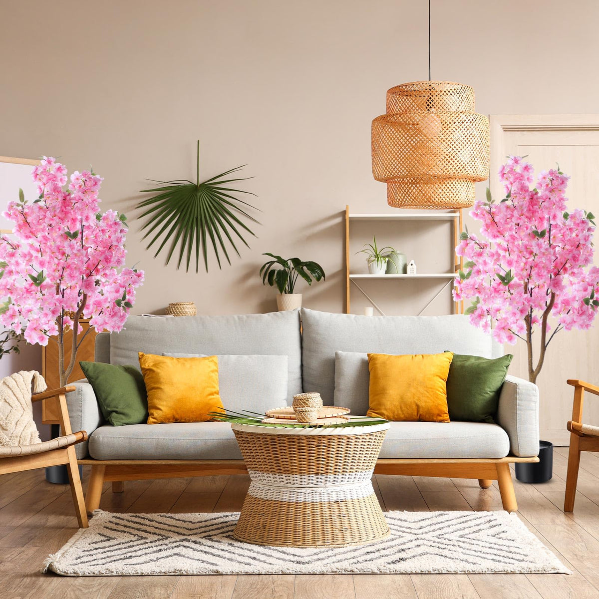 Giegxin 2 Pack Artificial Cherry Blossom Tree 3.9 FT Fake Faux Sakura Flowers Potted Plant Indoor with Plastic Nursery Pot for Home Porch Bedroom House Entryway Office Outdoor(Pink)