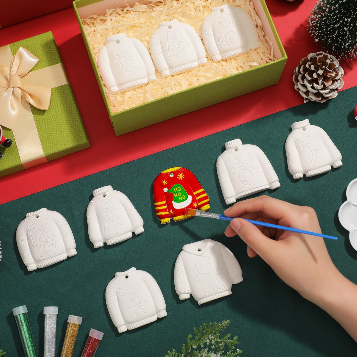 TecUnite 28 Pcs Ceramic to Paint Christmas Ornament Crafts Adults Unpainted DIY Ceramic Figurines Decorate and Paint Your Own Ornaments Kits DIY Craft Xmas Holiday Activities(Ugly Sweater)