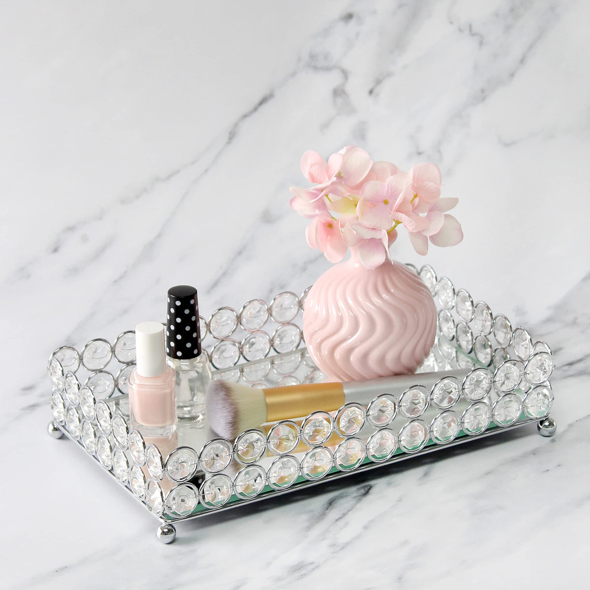 Elegant Designs HG1010-CHR Elipse Crystal Decorative Mirrored Jewelry or Makeup Cosmetic Perfume Vanity Organizer Tray, Chrome