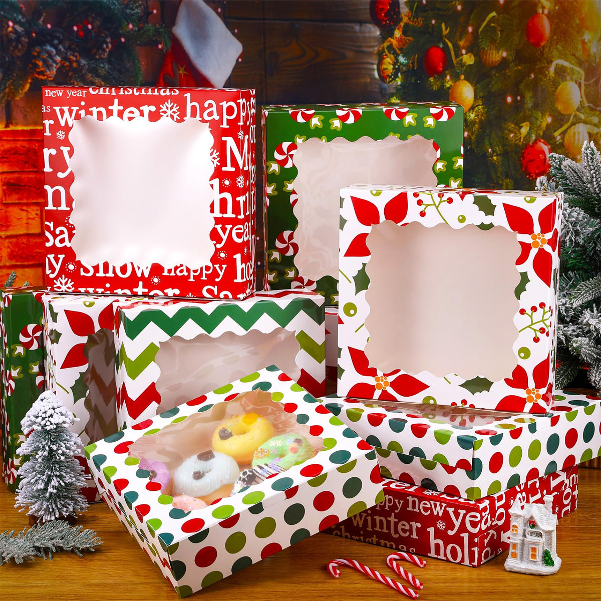 Czlotyh 30 Pcs Christmas Cookie Boxes with Window 9 x 9 x 2.5 inch Xmas Treat Boxes Candy Bakery Cupcakes Desert Container for Pastries Packaging Christmas Party Supplies Gift Giving