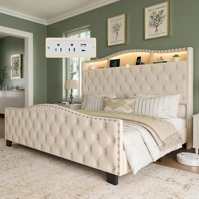 Belffin King Size Bed Frame and Headboard, 50.9" Velvet Upholstered Wingback