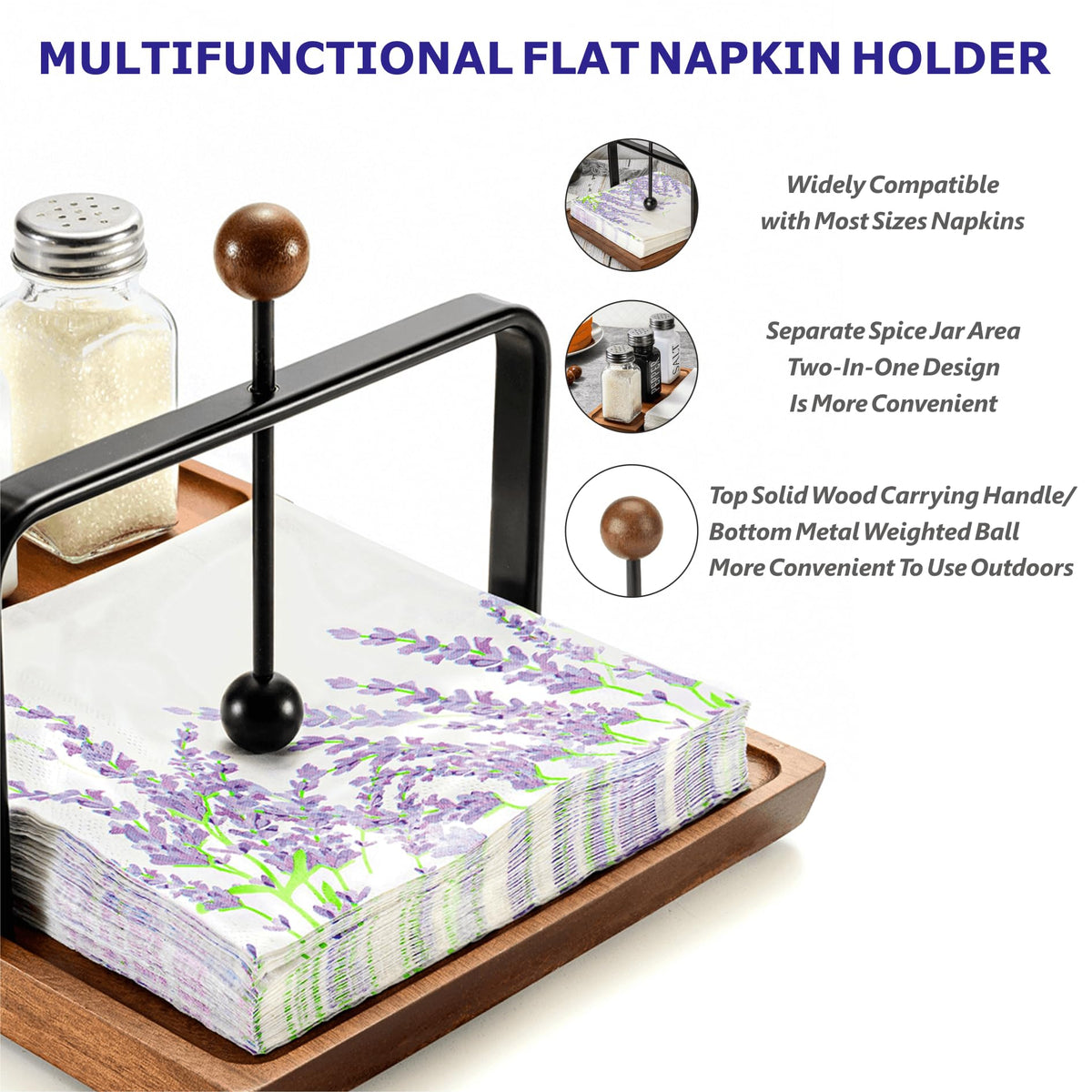 Wooden Napkin Holder – Multifunctional Napkin Holder for Table & Kitchen, Includes Space for Condiments – Perfect for Home, Kitchen, and Holiday Gatherings
