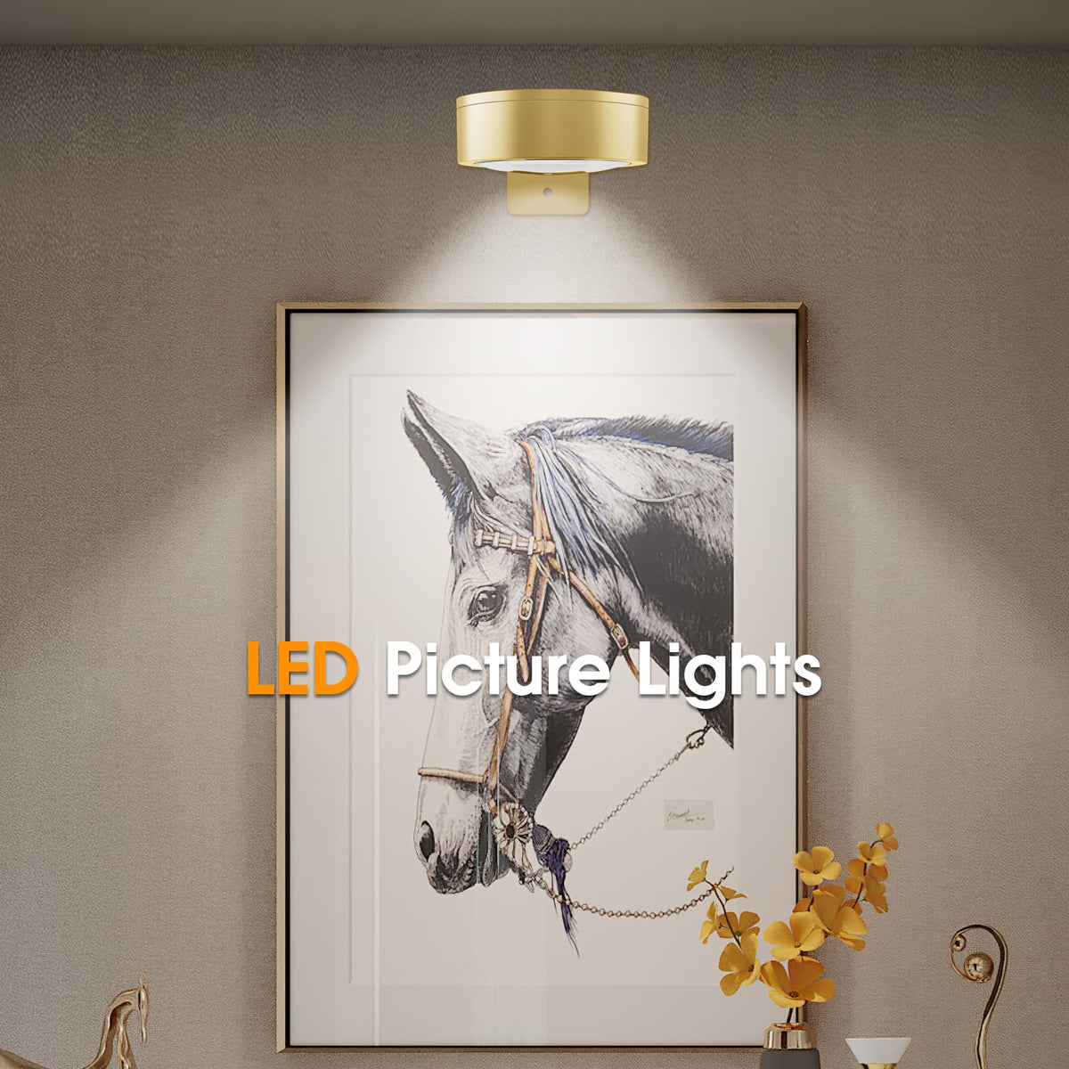 SIXDEFLY Picture Lights for Wall, 3 Lighting Modes Magnetic Art Display Light,Battery Operated Led Painting Light with Remote Control Dimmable & Timer,3Pack Gold