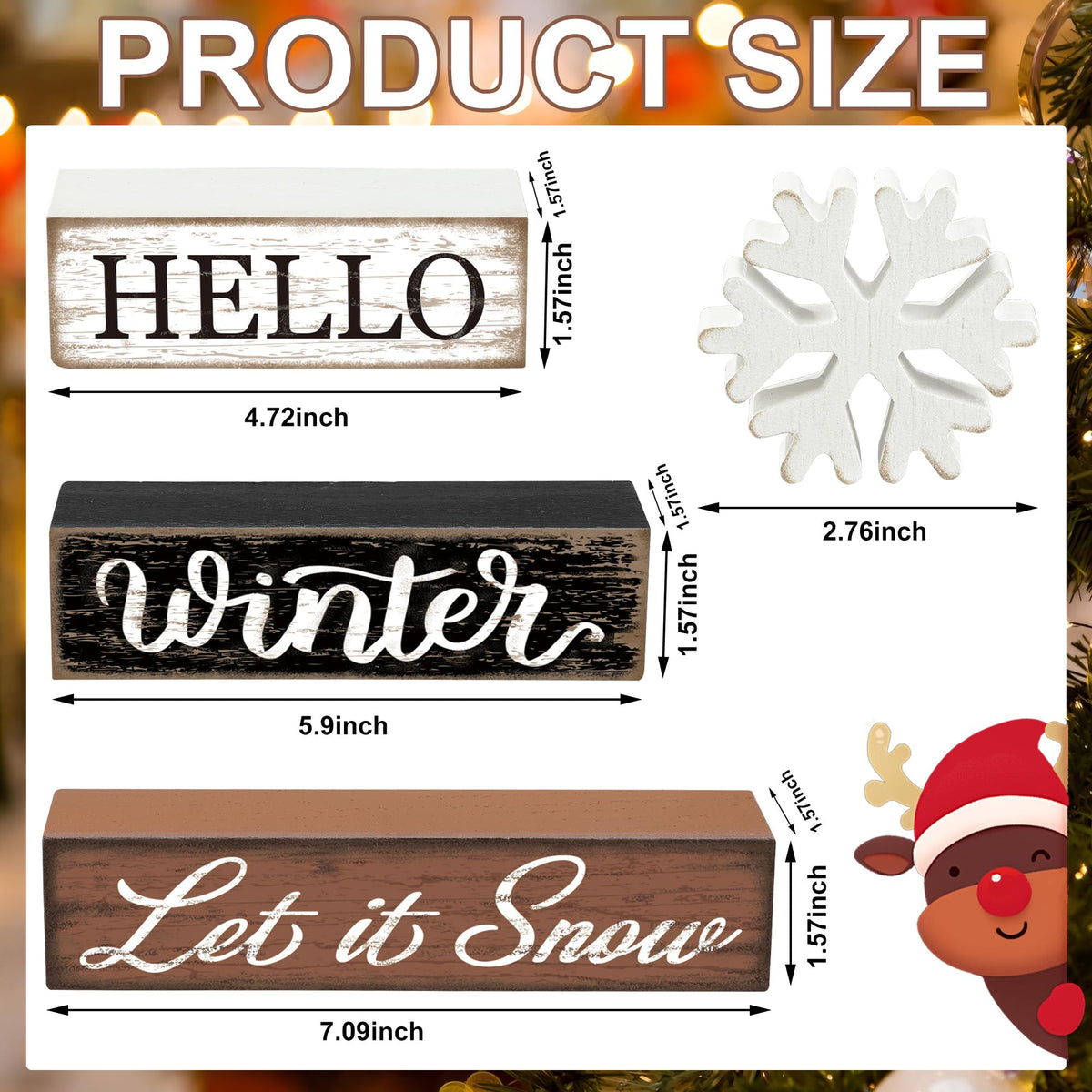4 Pcs Winter Snowflake Wooden Table Block Sign Christmas Tiered Tray Decor Hello Winter Wood Tabletop Centerpiece Let it Snow Rustic Farmhouse Table Decorations for Xmas Holiday Home Shelf Party Decor