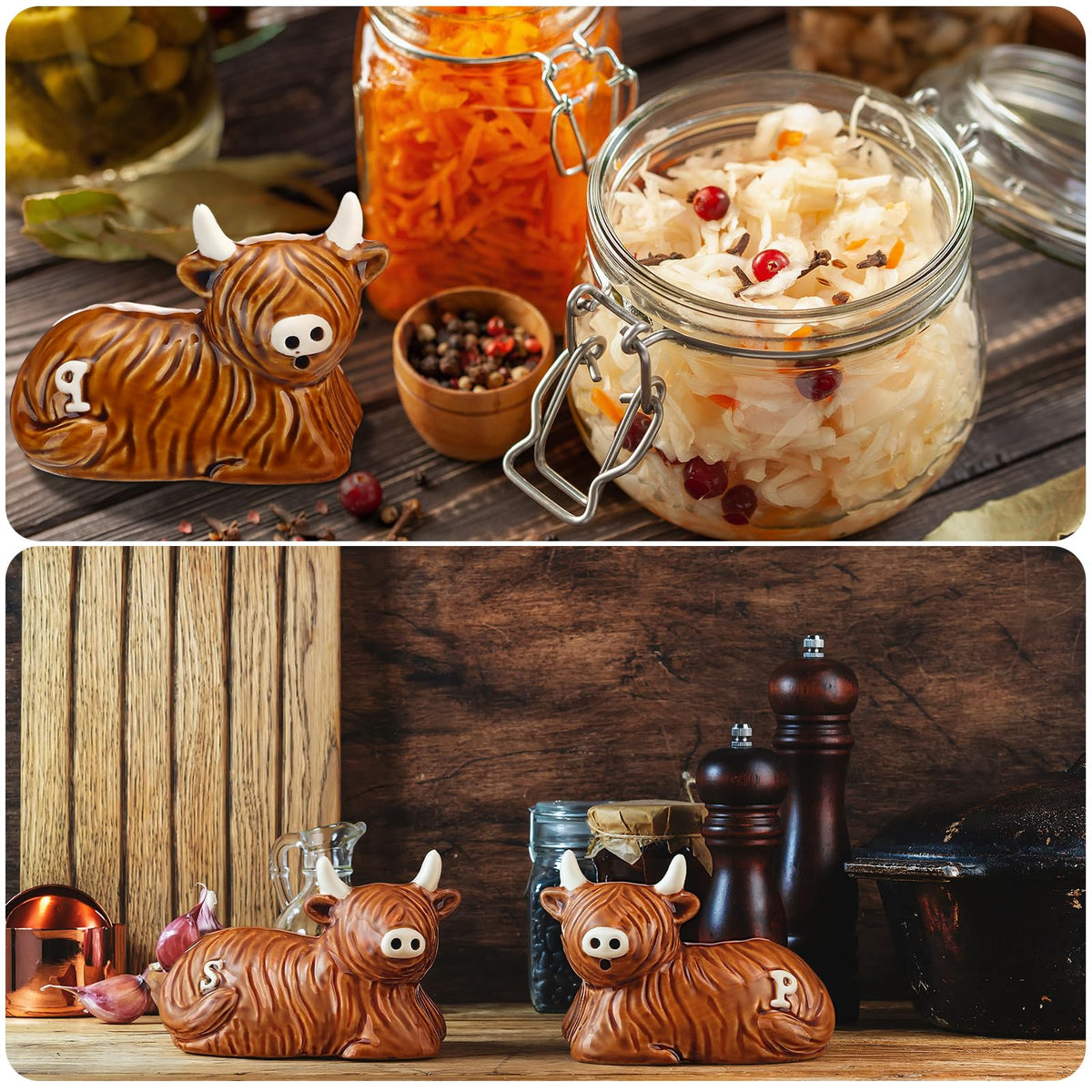 Potchen 2 Pcs Highland Cow Salt and Pepper Shaker Set Ceramic Kitchen Accessories Animal Spice Rack Scottish Highland Cow for Farm Animal Bull with Horns S&P
