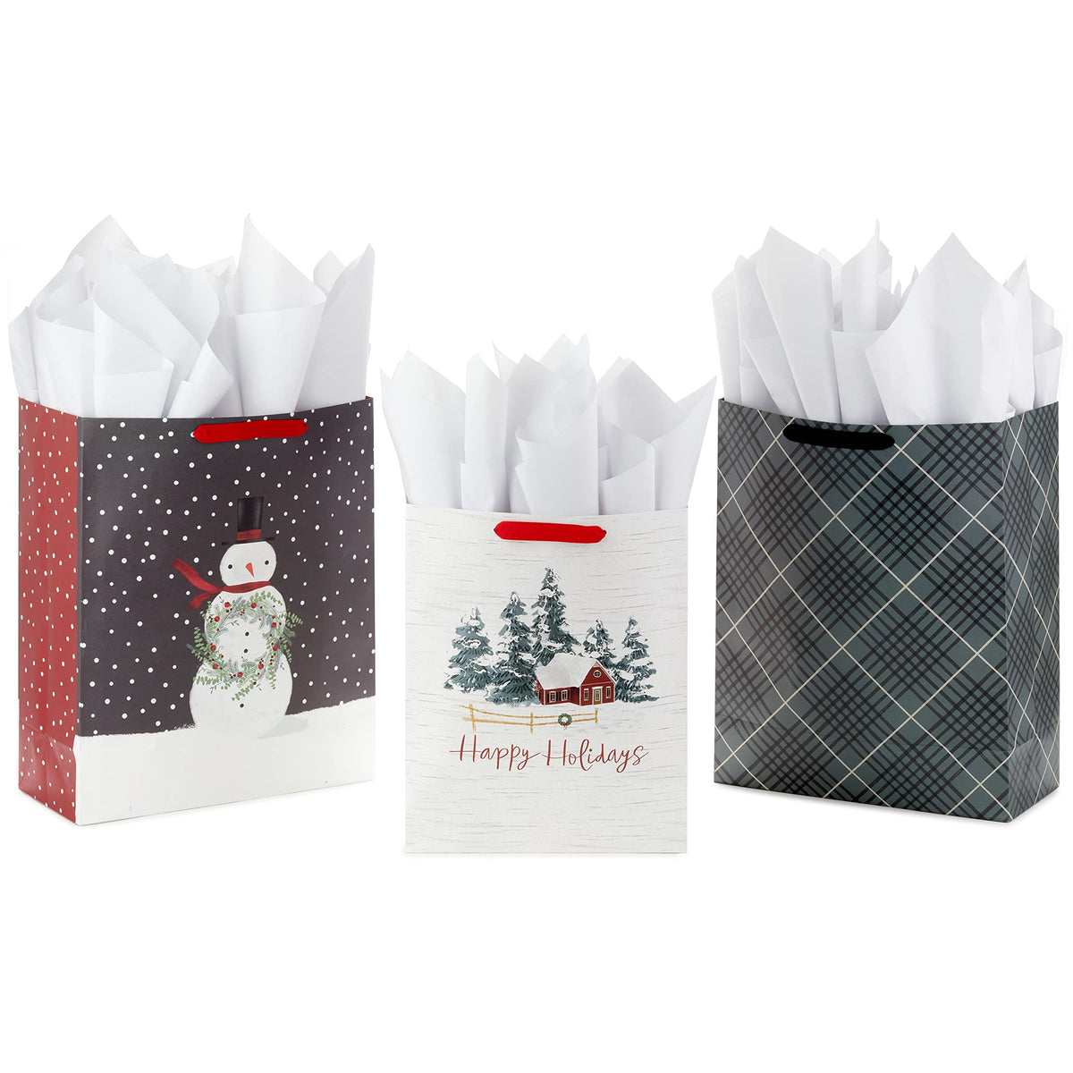 Hallmark Holiday Gift Bag Bundle with Tissue Paper and Gift Tags (3 Bags: 2 Extra Large 15", 1 Large 13") Gray Plaid, Snowy Farmhouse, Rustic Snowman