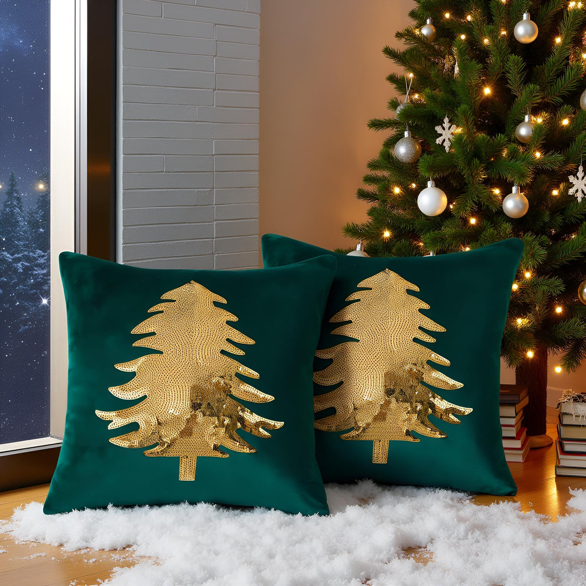 Tosleo Christmas Pillowcases 18 x 18 inch Set of 2 Dark Green Xmas Tree Sequins Throw Pillow Cover Christmas Pillow case Party Decorations Winter Holiday Cushion Cases
