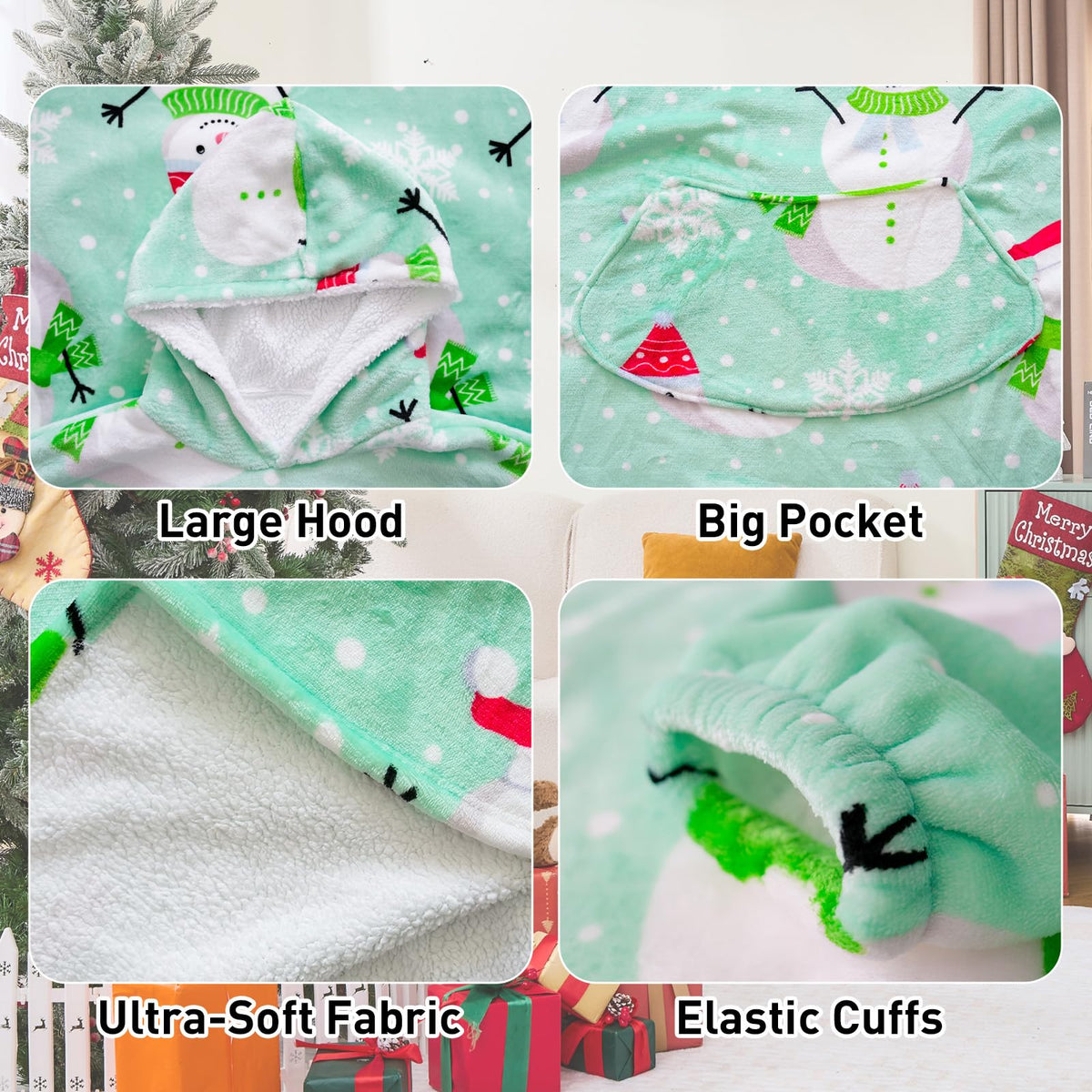 Moinlizy Wearable Blanket Hoodie, Long Thick Hooded Blanket Oversized for Adults Women Men with Pocket and Sleeves, Christmas Green Snowman