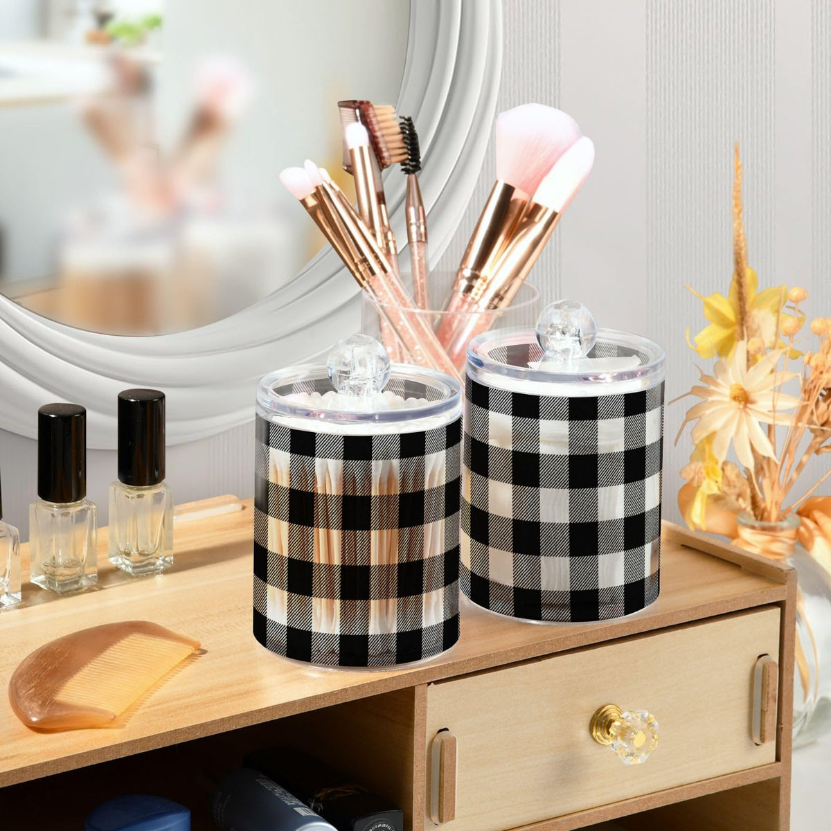 Gravopti Black and White Buffalo Plaid 14oz Storage Jars with Lids, Clear Plastic Airtight Kitchen Food Canisters for Candy, Salt, Coffee Beans, 2 Pack