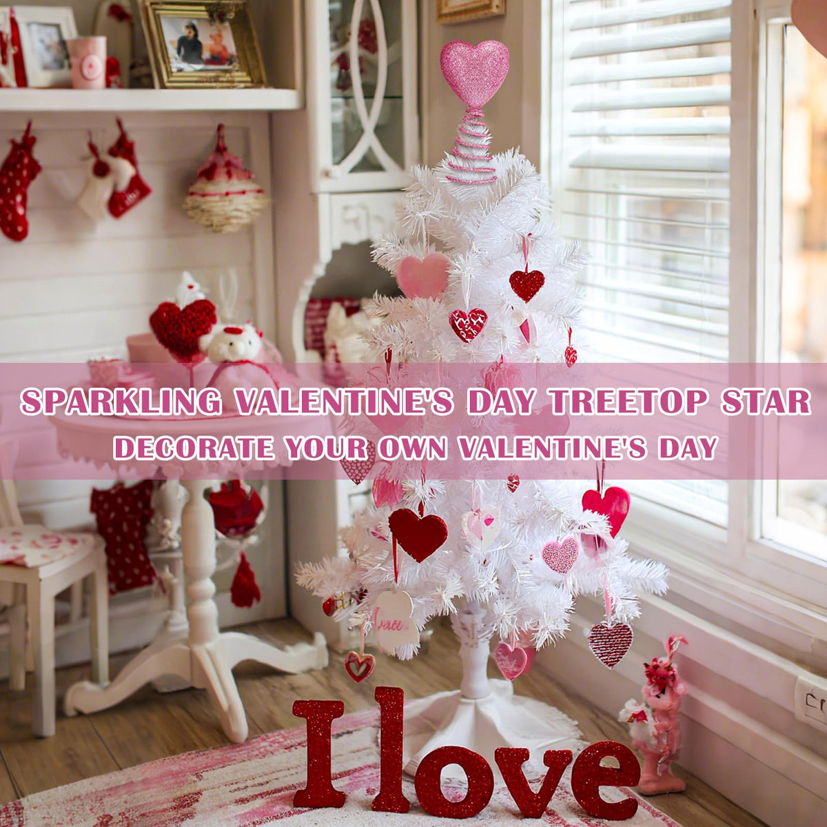 Gejoy Mini Valentine Christmas Tree Topper Pink Heart 6 Inch Miniature Glitter Heart Star Tree Topper for Valentine Home Decor Holiday